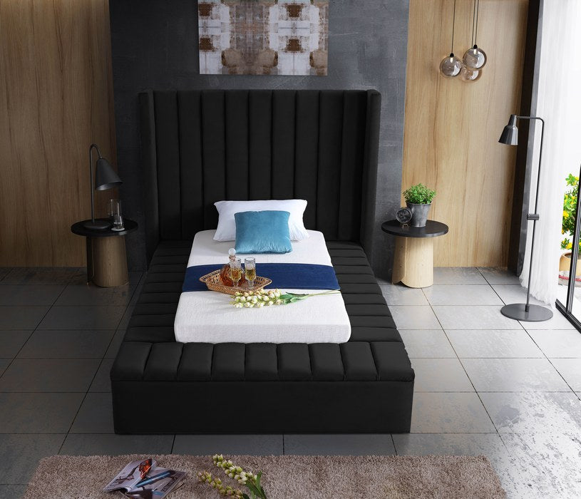 Meridian Furniture - Kiki Black Velvet Upholstered Twin Bed (3 Boxes) - KikiBlack-T - GreatFurnitureDeal