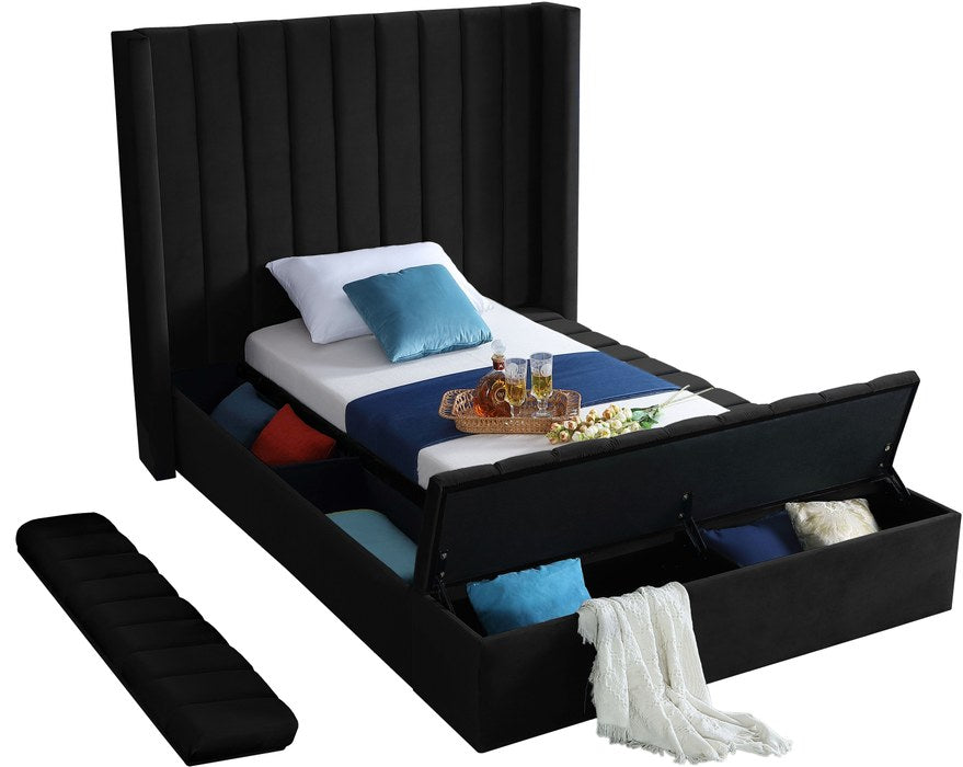 Meridian Furniture - Kiki Black Velvet Upholstered Twin Bed (3 Boxes) - KikiBlack-T - GreatFurnitureDeal