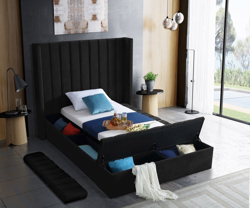 Meridian Furniture - Kiki Black Velvet Upholstered Twin Bed (3 Boxes) - KikiBlack-T - GreatFurnitureDeal