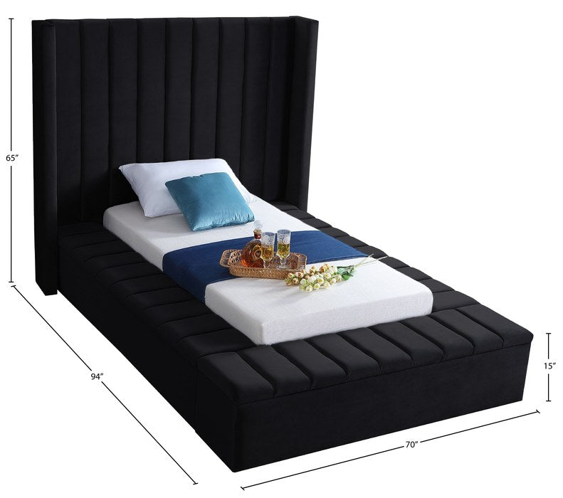Meridian Furniture - Kiki Black Velvet Upholstered Twin Bed (3 Boxes) - KikiBlack-T - GreatFurnitureDeal