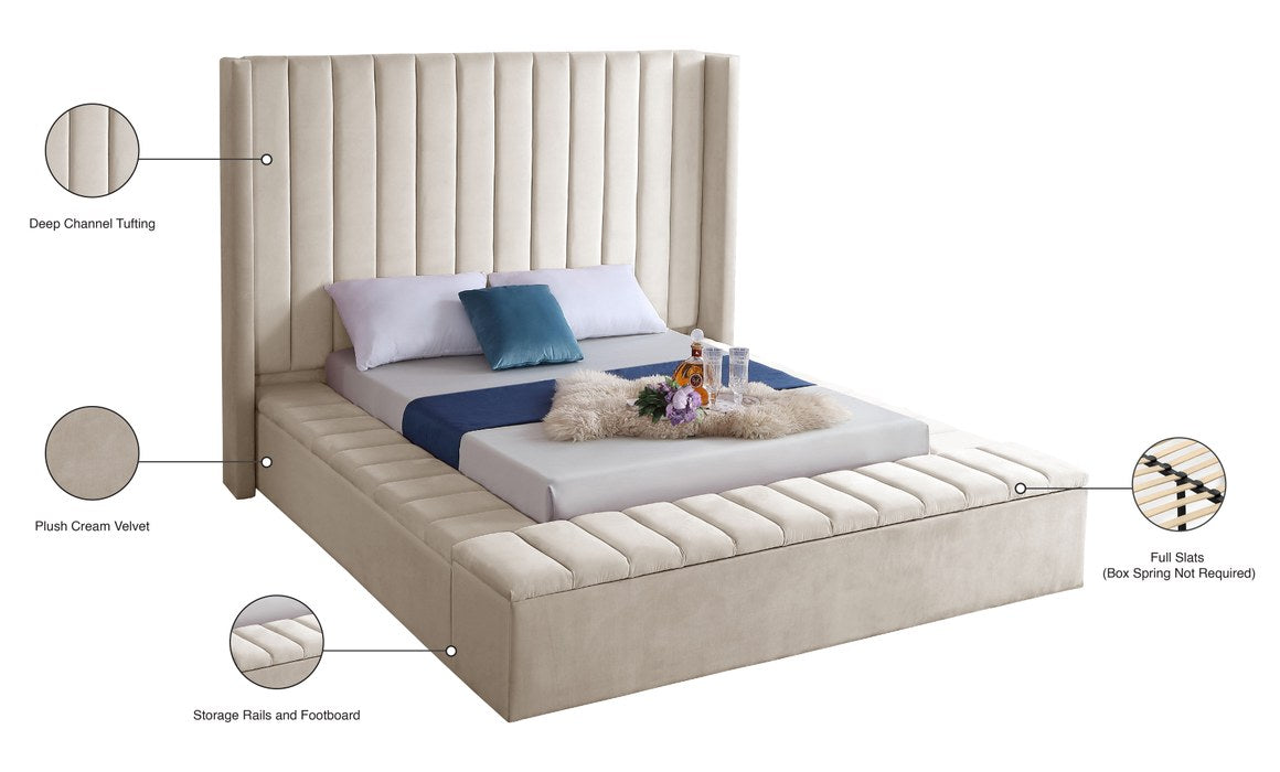 Meridian Furniture - Kiki Cream Velvet Upholstered Full Bed (3 Boxes) - KikiCream-F - GreatFurnitureDeal