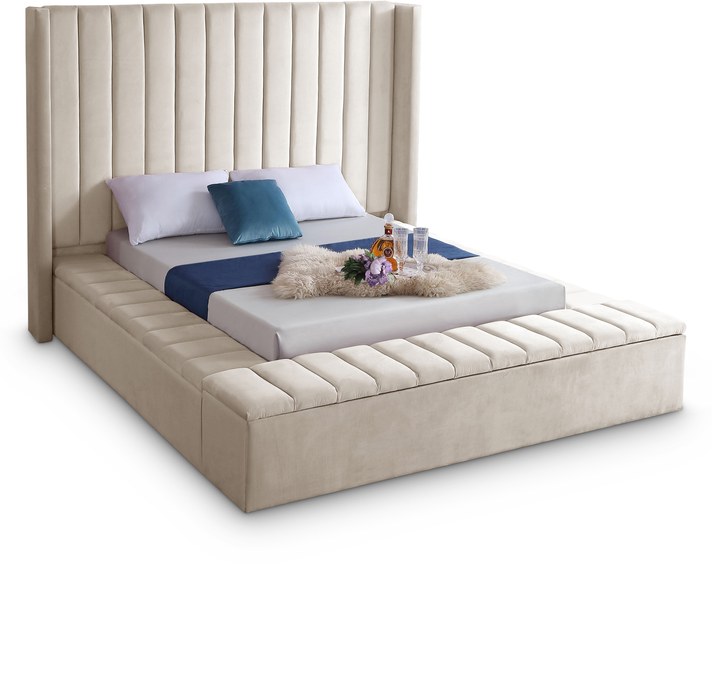 Meridian Furniture - Kiki Cream Velvet Upholstered Full Bed (3 Boxes) - KikiCream-F - GreatFurnitureDeal