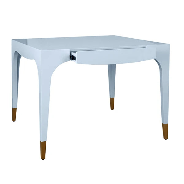 Worlds Away - Lacey Square Tapered Leg, Two Drawer Game Table With Antique Brass Foot Caps In Light Blue Lacquer - LACEY LB