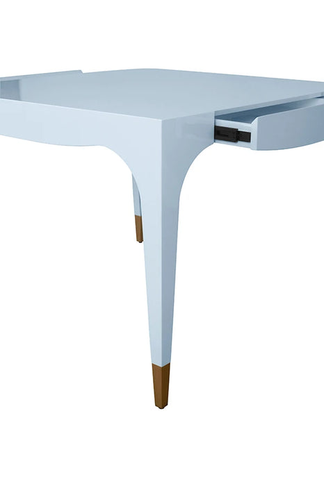 Worlds Away - Lacey Square Tapered Leg, Two Drawer Game Table With Antique Brass Foot Caps In Light Blue Lacquer - LACEY LB
