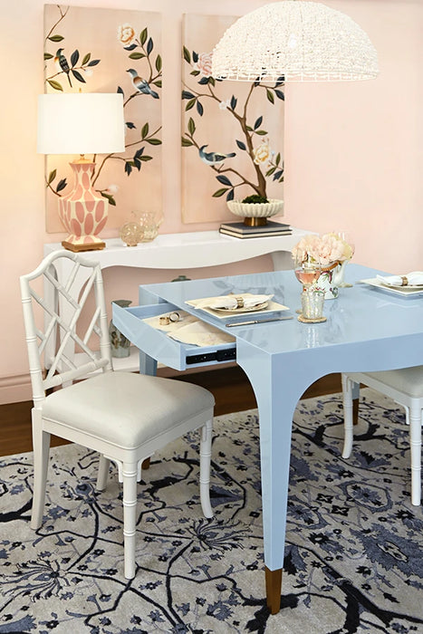Worlds Away - Lacey Square Tapered Leg, Two Drawer Game Table With Antique Brass Foot Caps In Light Blue Lacquer - LACEY LB