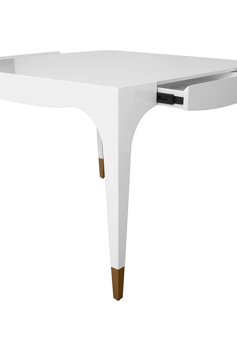 Worlds Away - Lacey Square Tapered Leg Two Drawer Game Table With Antique Brass Foot Caps In White Lacquer - LACEY WH