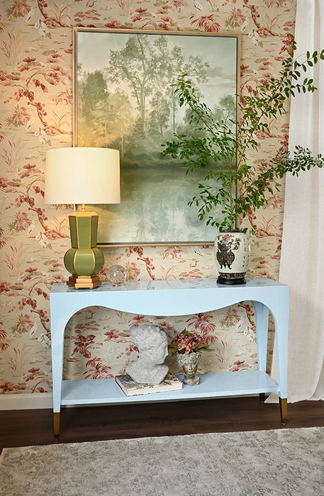 Worlds Away - Laverne Two Tier Tapered Leg Console With Antique Brass Foot Caps In Light Blue Lacquer - LAVERNE LB