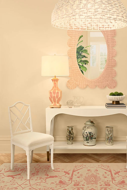 Worlds Away - Lillian Scalloped Edge Rectangular Frame With Oval Mirror In Woven Rattan Painted Pink - LILLIAN PI - GreatFurnitureDeal