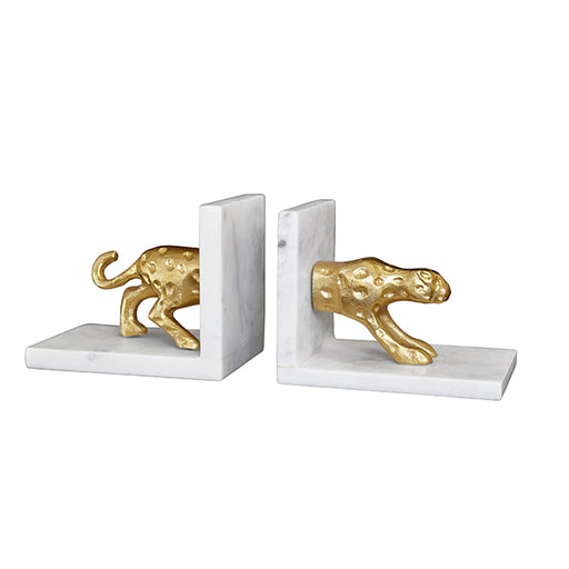 Worlds Away - White Marble Bookends With Brass Leopard - LEON - GreatFurnitureDeal