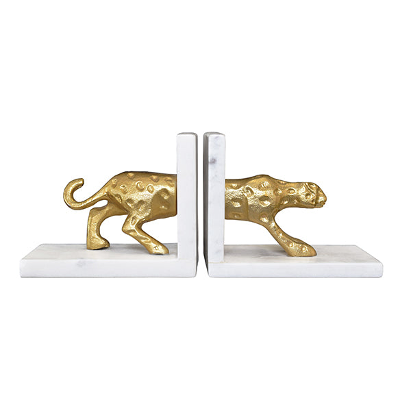 Worlds Away - White Marble Bookends With Brass Leopard - LEON - GreatFurnitureDeal