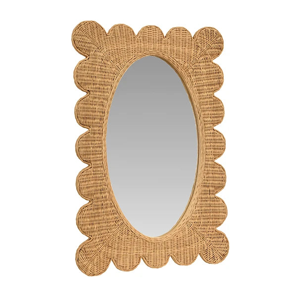 Worlds Away - Lillian Scalloped Edge Rectangular Frame With Oval Mirror In Woven Natural Rattan - LILLIAN NAT