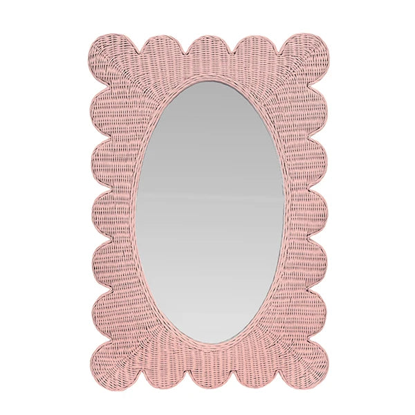Worlds Away - Lillian Scalloped Edge Rectangular Frame With Oval Mirror In Woven Rattan Painted Pink - LILLIAN PI
