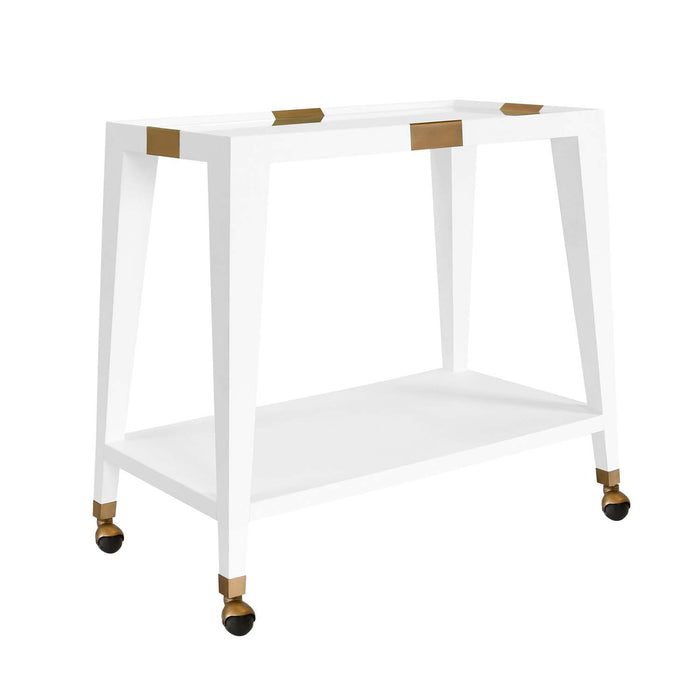 Worlds Away - Linus Flared Bar Cart With Antique Brass Detail In White Textured Linen - LINUS WHL