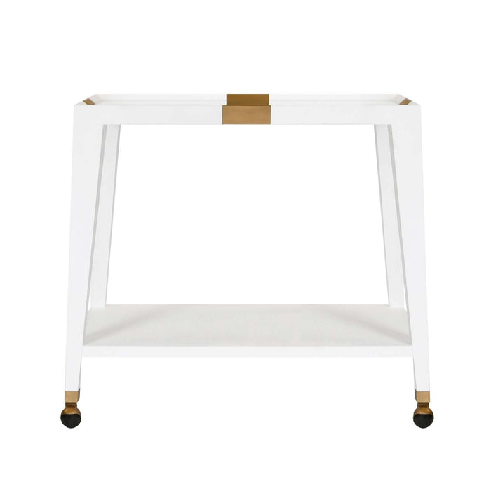 Worlds Away - Linus Flared Bar Cart With Antique Brass Detail In White Textured Linen - LINUS WHL