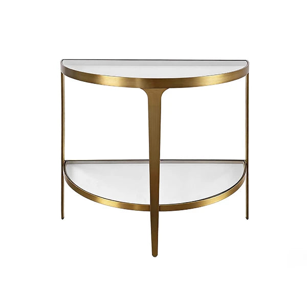 Worlds Away - Lisa Two Tier Glass Top Demilune Console In Antique Brass - LISA ABR