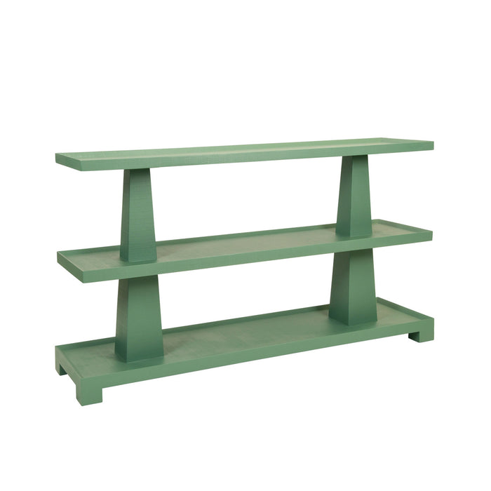 Worlds Away - Lowen Three Tier Two Column Console In Textured Green Linen - LOWEN GR