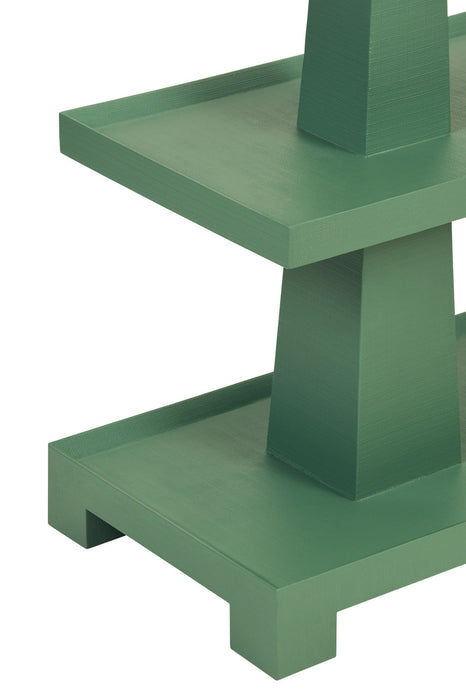 Worlds Away - Lowen Three Tier Two Column Console In Textured Green Linen - LOWEN GR