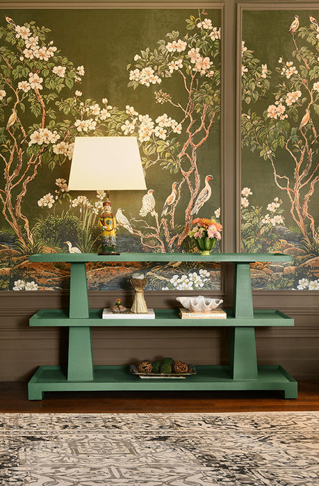 Worlds Away - Lowen Three Tier Two Column Console In Textured Green Linen - LOWEN GR