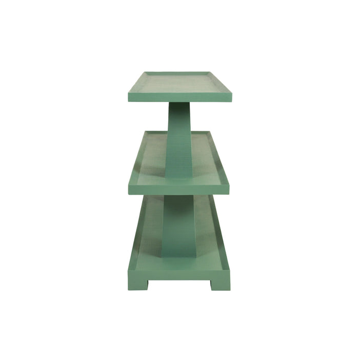 Worlds Away - Lowen Three Tier Two Column Console In Textured Green Linen - LOWEN GR