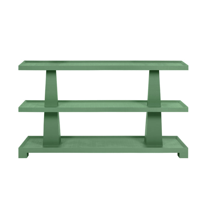 Worlds Away - Lowen Three Tier Two Column Console In Textured Green Linen - LOWEN GR