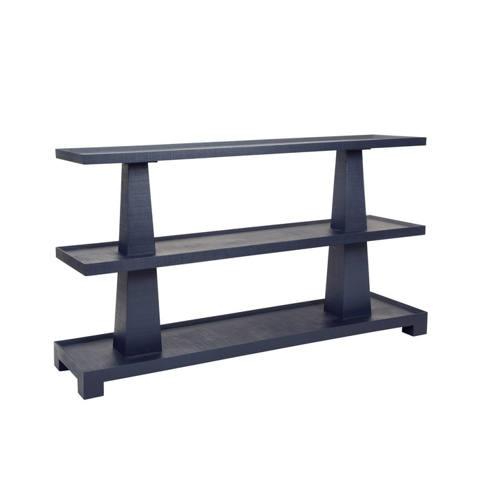 Worlds Away - Lowen Three Tier Two Column Console In Textured Navy Linen - LOWEN NVY