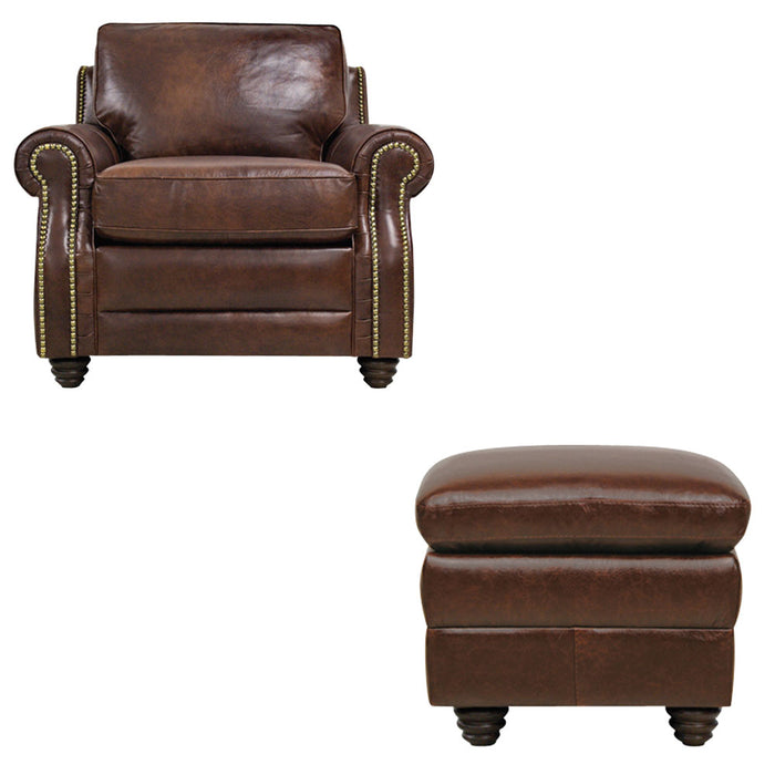 Mariano Italian Leather Furniture - Levi Chair with Storage Ottoman in Havana - LEVI-CO