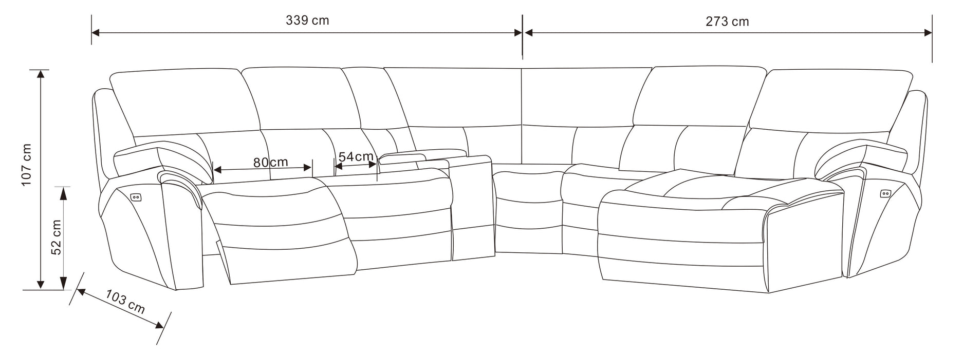 ESF Furniture - 2711 Sectional Right Facing 3 Electric Recliners in Dark Grey - 2711-SEC