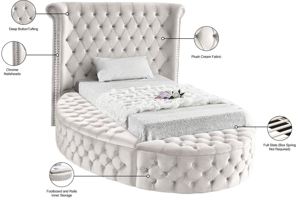 Meridian Furniture - Luxus Cream Velvet Upholstered Twin Bed (3 Boxes) - LuxusCream-T - GreatFurnitureDeal