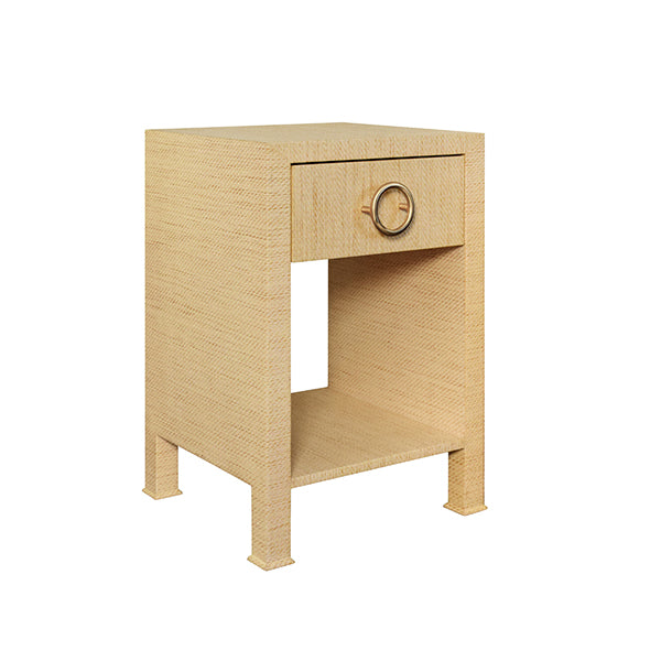 Worlds Away - One Drawer Side Table With Antique Brass Circle Hardware In Natural Grasscloth - MALCOLM NAT - GreatFurnitureDeal