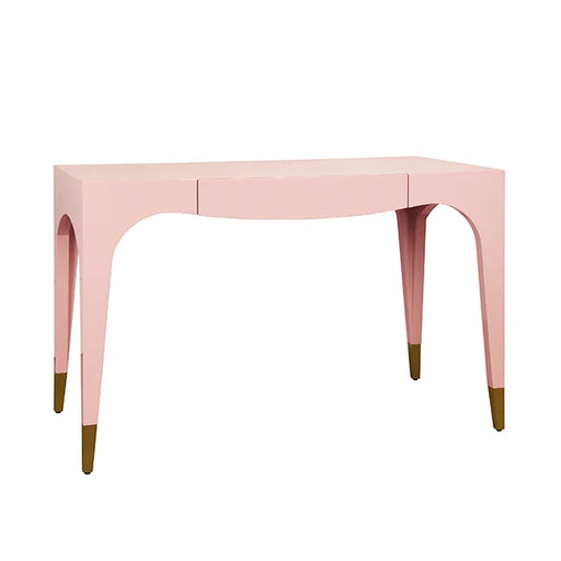 Worlds Away - Mandi Tapered Leg, One Drawer Desk With Antique Brass Foot Caps In Pink Lacquer - MANDI PI - GreatFurnitureDeal