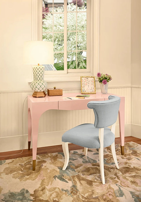 Worlds Away - Eloise Round Back Dining Chair With Matte White Lacquer Legs Upholstered In Performance Light Blue Linen - ELOISE LB