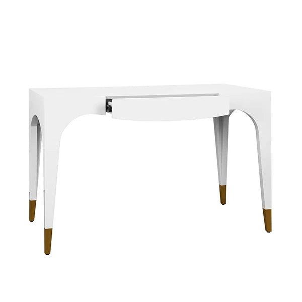 Worlds Away - Mandi Tapered Leg, One Drawer Desk With Antique Brass Foot Caps In White Lacquer - MANDI WH