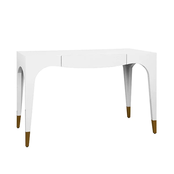 Worlds Away - Mandi Tapered Leg, One Drawer Desk With Antique Brass Foot Caps In White Lacquer - MANDI WH