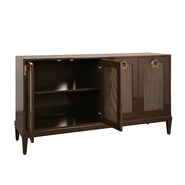 Worlds Away - Marcella Four Door Buffet With Brass Mesh Grill Door Fronts In Chocolate Brown Lacquer - MARCELLA CH