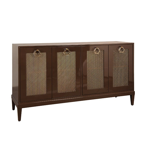 Worlds Away - Marcella Four Door Buffet With Brass Mesh Grill Door Fronts In Chocolate Brown Lacquer - MARCELLA CH