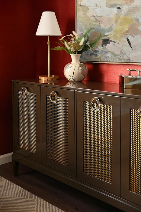 Worlds Away - Marcella Four Door Buffet With Brass Mesh Grill Door Fronts In Chocolate Brown Lacquer - MARCELLA CH