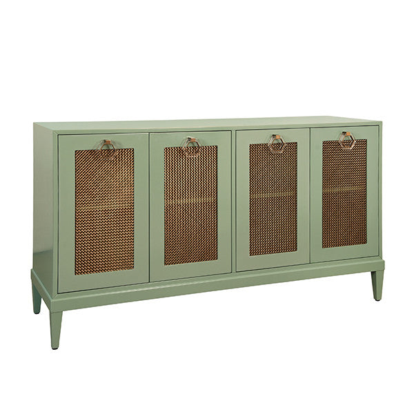 Worlds Away - Marcella Four Door Buffet With Brass Mesh Grill Door Fronts In Green Lacquer - MARCELLA GR