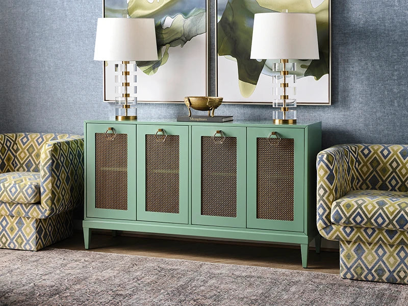 Worlds Away - Marcella Four Door Buffet With Brass Mesh Grill Door Fronts In Green Lacquer - MARCELLA GR