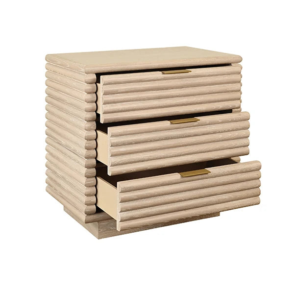 Worlds Away - Mateo Three Drawer Side Table With Antique Brass Hardware And Large Horizontal Reeds In Cerused Oak - MATEO CO