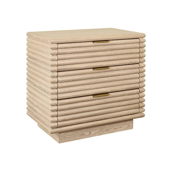 Worlds Away - Mateo Three Drawer Side Table With Antique Brass Hardware And Large Horizontal Reeds In Cerused Oak - MATEO CO