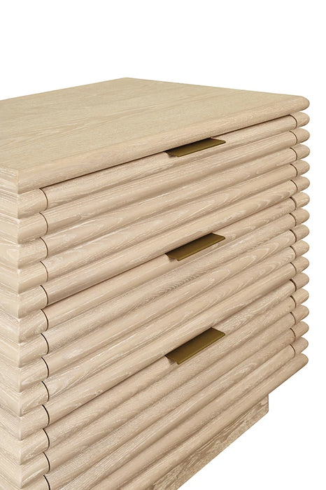 Worlds Away - Mateo Three Drawer Side Table With Antique Brass Hardware And Large Horizontal Reeds In Cerused Oak - MATEO CO