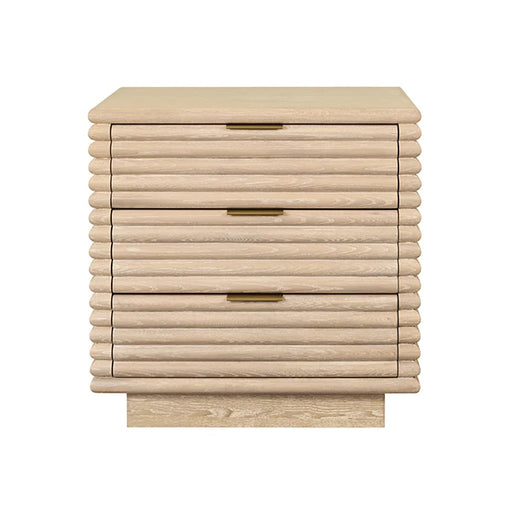 Worlds Away - Mateo Three Drawer Side Table With Antique Brass Hardware And Large Horizontal Reeds In Cerused Oak - MATEO CO - GreatFurnitureDeal