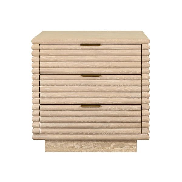 Worlds Away - Mateo Three Drawer Side Table With Antique Brass Hardware And Large Horizontal Reeds In Cerused Oak - MATEO CO