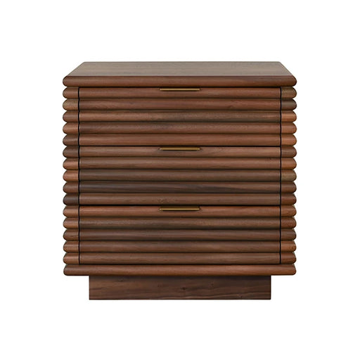 Worlds Away - Mateo Three Drawer Side Table With Antique Brass Hardware And Large Horizontal Reeds In Walnut - MATEO WAL - GreatFurnitureDeal