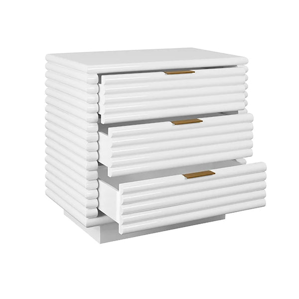 Worlds Away - Mateo Three Drawer Side Table With Antique Brass Hardware And Large Horizontal Reeds In White Lacquer - MATEO WH - GreatFurnitureDeal