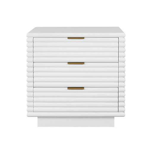 Worlds Away - Mateo Three Drawer Side Table With Antique Brass Hardware And Large Horizontal Reeds In White Lacquer - MATEO WH - GreatFurnitureDeal