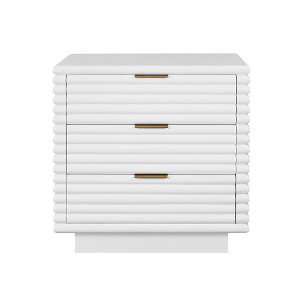 Worlds Away - Mateo Three Drawer Side Table With Antique Brass Hardware And Large Horizontal Reeds In White Lacquer - MATEO WH - GreatFurnitureDeal