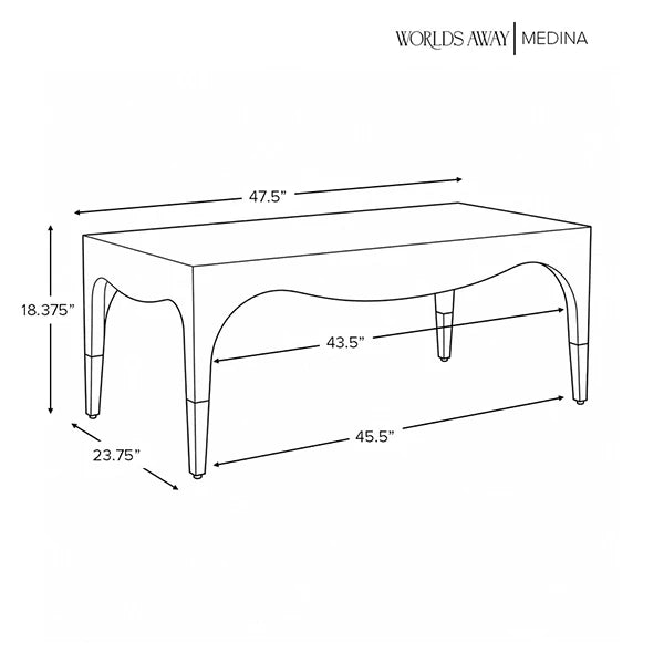 Worlds Away - Medina Tapered Leg Coffee Table With Antique Brass Foot Caps In White Lacquer - MEDINA WH