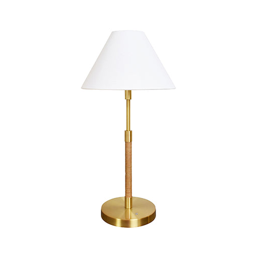 Worlds Away - Rechargeable Table Lamp With Wrapped Rattan Pole In Brass And White Linen Shade - MELTON - GreatFurnitureDeal