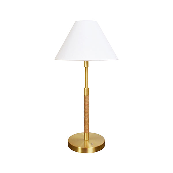 Worlds Away - Rechargeable Table Lamp With Wrapped Rattan Pole In Brass And White Linen Shade - MELTON - GreatFurnitureDeal